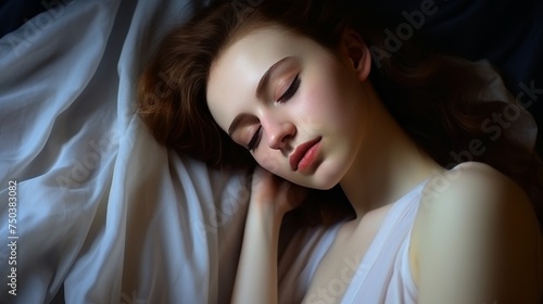 Beautiful young woman peacefully sleeping on soft white pillow, good night rest and dream concept