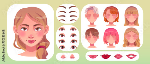 Woman face construction kit with various forms of eyes and brows, nose and lips, haircut for animation. Cartoon vector illustration set of girl head generator. Creation of female character avatar.