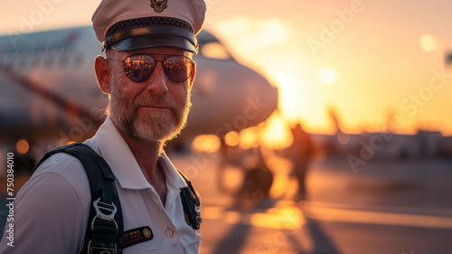 Piloten Team mit Flugzeug im schönen Sonnenlicht, ai generativ photo