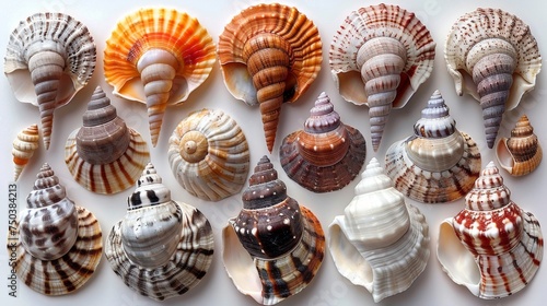 On white, a variety of colored shells are isolated