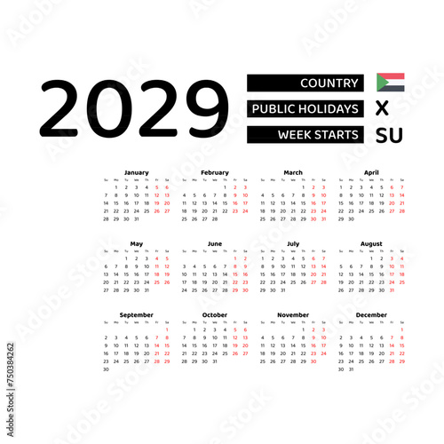 Calendar 2029 English language with Sudan public holidays. Week starts from Sunday. Graphic design vector illustration..