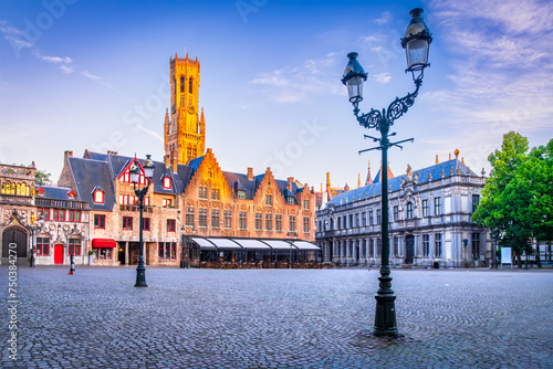 Bruges, Belgium. Sunrise in Burg Square with Belfry, Flanders travel destination.
