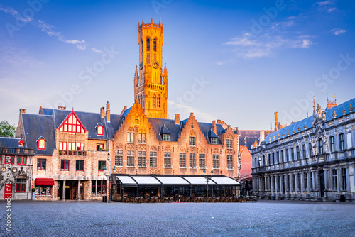 Bruges, Belgium. Sunrise in Burg, Belfry Tower, Flanders travel destination.