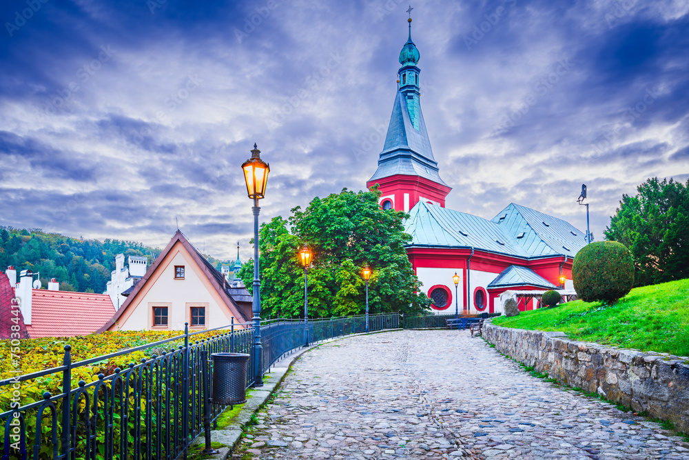 Loket, Czech Republic. Kostel sv Vaclava church in old town, Bohemia landscape.