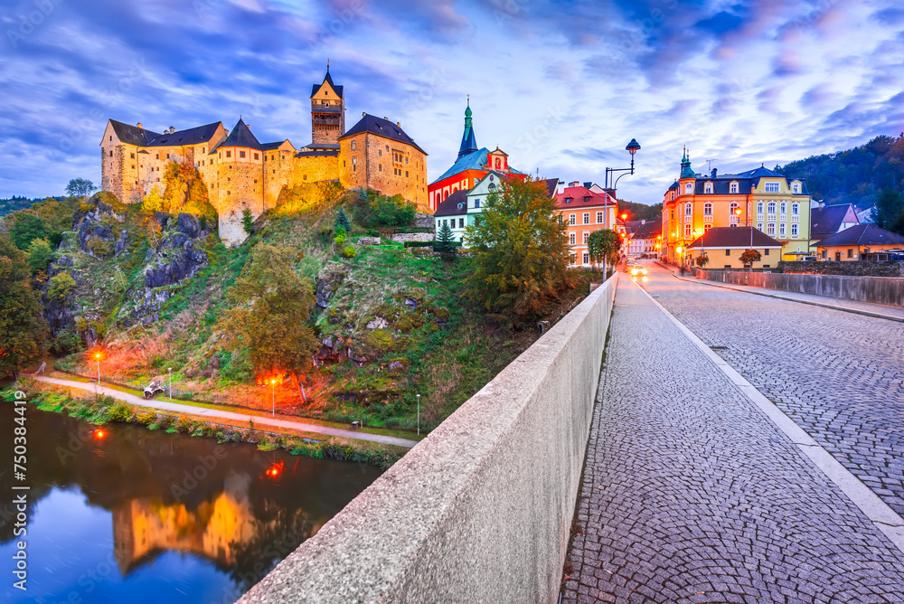 Loket, Czech Republic. Colorful town and Castle Loket over Ohre River in the near of Karlovy Vary, Bohemia.