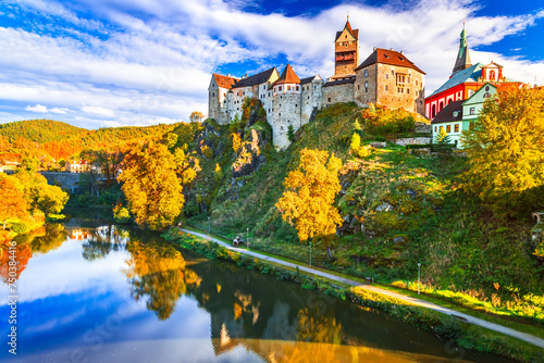 Loket, Czech Republic. Charming town and Ohre River landscape, Bohemia, autumn colors. photo