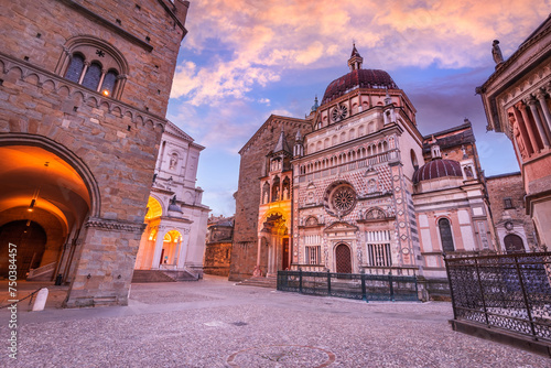 Bergamo, Italy - Piazza Duomo in the upper town, Citta Alta at dusk, beautiful historical town in Lombardy