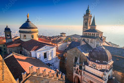 Bergamo, Lombardy - Italy. Upper view from  Campanone with Piazza Duomo.