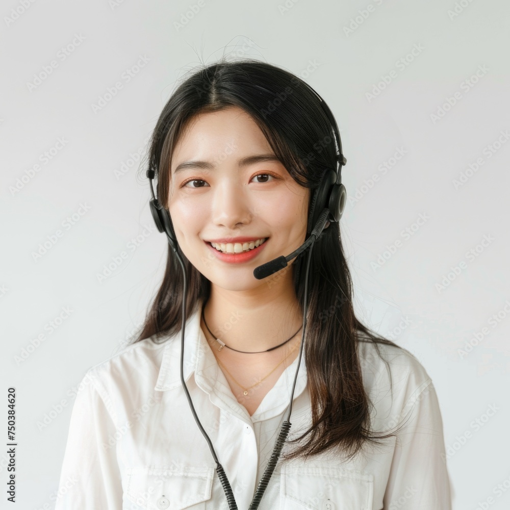 customer support, 30 year old chinese female smiling, headset, pure white background customer support, 30 year old chinese female smiling, headset, pure white background