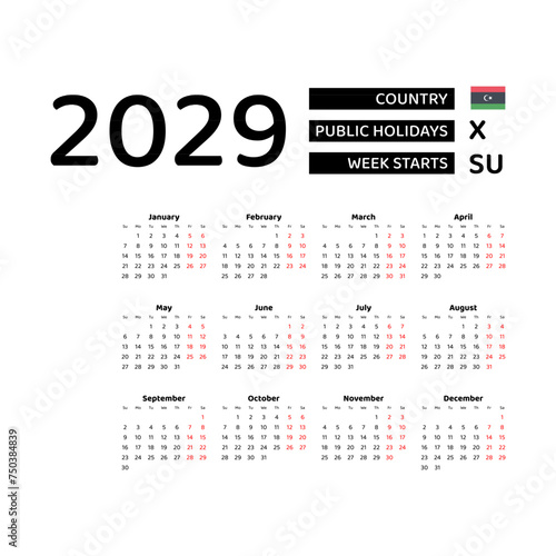 Calendar 2029 English language with Libya public holidays. Week starts from Sunday. Graphic design vector illustration.