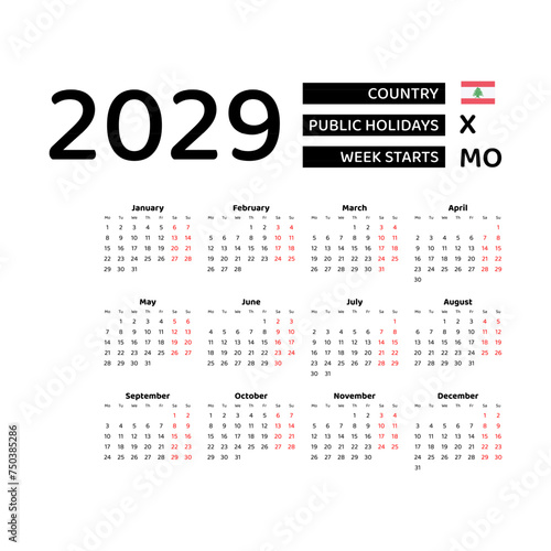 Calendar 2029 English language with Lebanon public holidays. Week starts from Monday. Graphic design vector illustration.