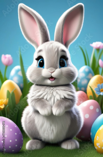 Cute easter bunny with colorful easter eggs and spring flowers