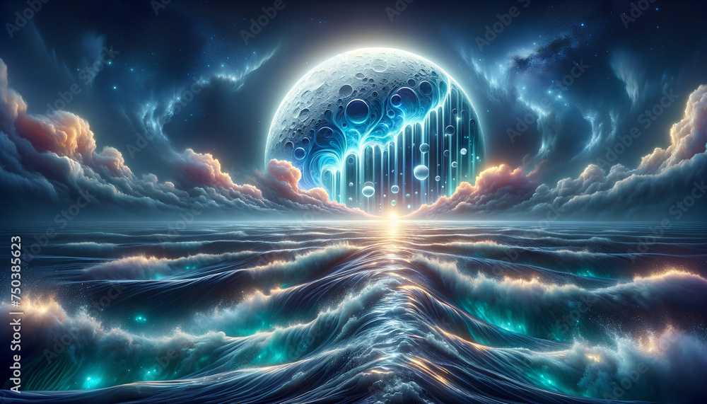Mystical Moon Over Cosmic Ocean: Surreal Fantasy Background with Glowing Celestial Bodies and Ethereal Tides. - obrazy, fototapety, plakaty 