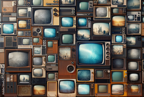 Aesthetic Media Background with Vintage Retro Televisions: A Conceptual Collage on Propaganda and Brainwashing through Mass Media
