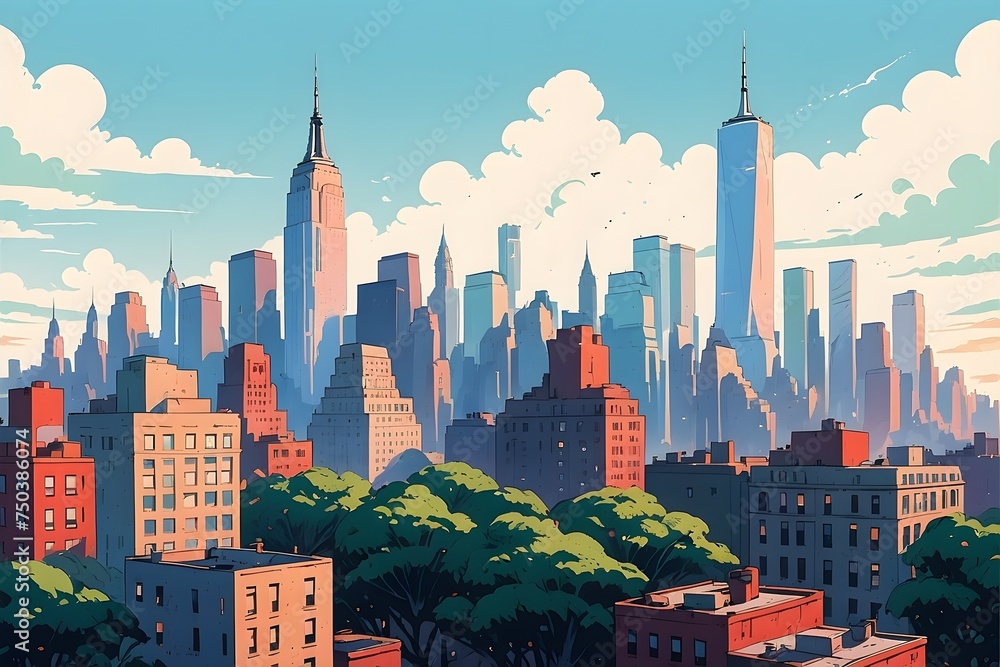 Cartoon illustration, panorama of the city, inspired New York city.