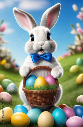 Cute easter bunny with basket of colorful easter eggs and spring flowers
