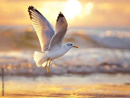 Majestic Seagull Soaring Over Golden Sunset Beach Seascape © Qstock