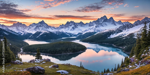 Serene Mountain Vista. Capture a breathtaking sunrise over snow-capped mountains