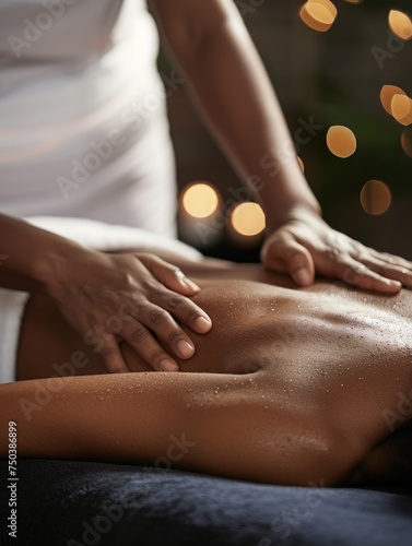 Close-up of hands performing a soothing back massage, with a soft focus on the tranquil ambiance created by candlelight.