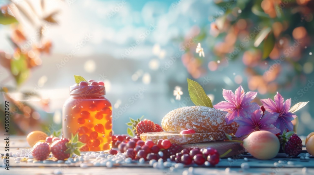 There is a jar of jelly and some fruit on the table There is a jar of jelly and some fruit on the table