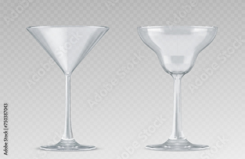 Cocktail glass of different forms for martini and long drink. Realistic vector illustration set of empty transparent glassware mockup for bar beverages. Cup template for party alcohol booze.