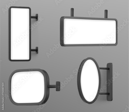Mockup of signboard attached to wall at entrance of store or cafe. Realistic vector set of signage with white empty frame of rectangular, square and oval shape. Vertical and horizontal display board.