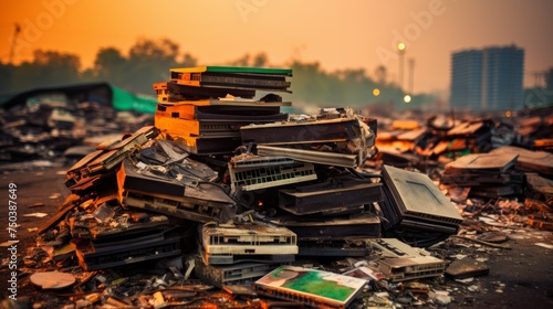 E-waste heap of discarded laptop parts, electronics industry, sorting and disposal concept photo