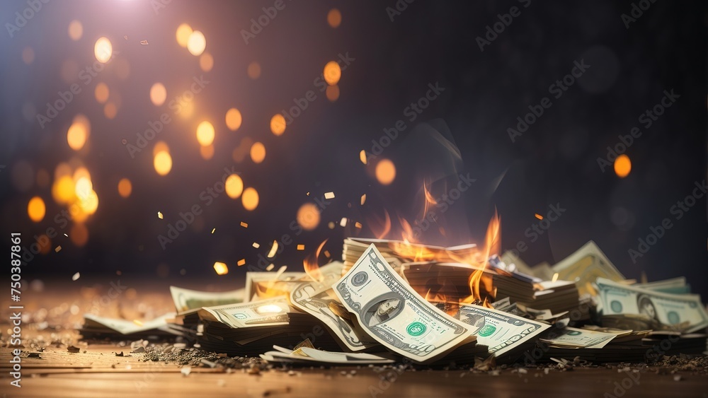 Burning pile of dollar bills symbolizing financial losses concept - obrazy, fototapety, plakaty 