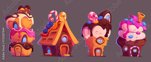 Sweet candy land houses made of cake and cookie, chocolate, ice cream and berry. Cartoon vector illustration set of cute fantasy dessert home for candyland design. Fantastic confectionery