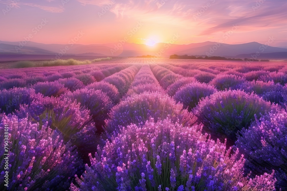 Fototapeta premium Lavender Field at Sunset, Purple Flowers Landscape, Morning Lavender Fields, Copy Space