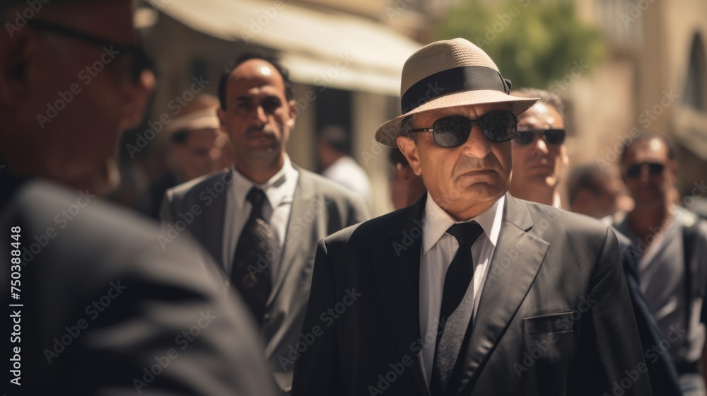 Funeral of a mafia boss. Sad faces. Mourning. People dressed in black Funeral of a mafia boss. Sad faces. Mourning. People dressed in black