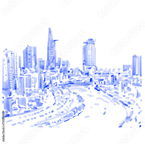 Original hand drawn background of Ho Chi Minh City in Vietnam