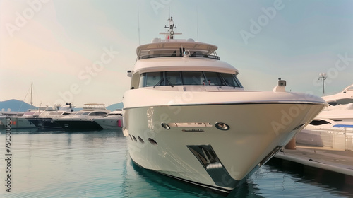 The front view of a large white super yacht docked in a marina  with smaller yachts visible in the background.