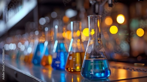 Laboratory glassware with colorful liquid on the background of the lamps