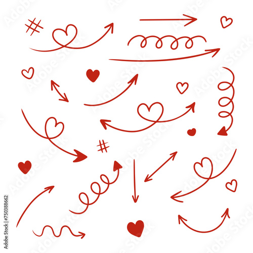 Red arrows with heart. Direction. Red arrows of movement with hearts, grids and curves. Cupid's red arrows.