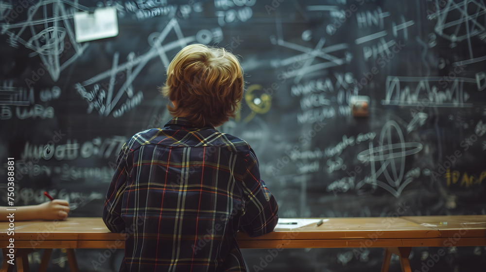 Back view of students standing and looking at the blackboard. with chemistry study formulas Back view of students standing and looking at the blackboard. with chemistry study formulas