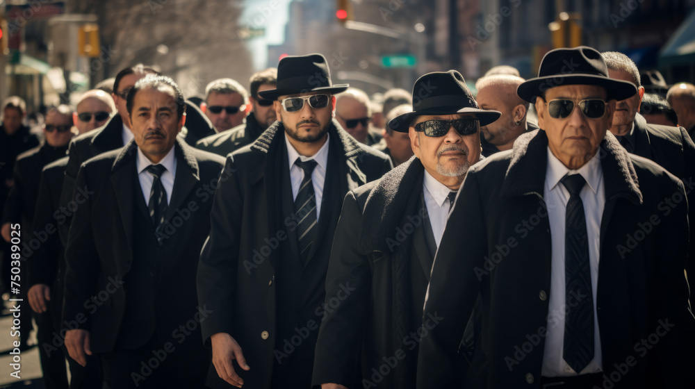 Obraz premium Funeral of a mafia boss. Sad faces. Mourning. People dressed in black