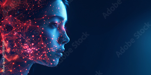 Gesicht einer Frau im Seiten Profil mit Computer Vernetzung, ai generativ photo