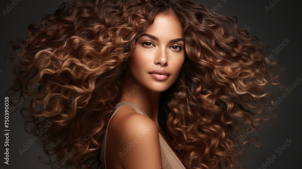 Beautiful model with shiny, smooth, healthy curly hair and glowing tan skin - natural beauty care Beautiful model with shiny, smooth, healthy curly hair and glowing tan skin - natural beauty care