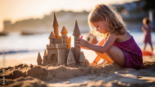 A little girl is building a sand castle on the beach. A carefree childhood, the concept of happiness.
