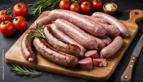 Assorted Raw pork and beef sausages with spices on a wooden board with thyme. Isolated, white background