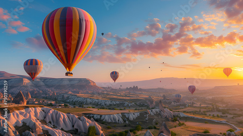 Hot air balloons fly over Cappadocia. romantic holiday or ballooning festival. generative ai  photo