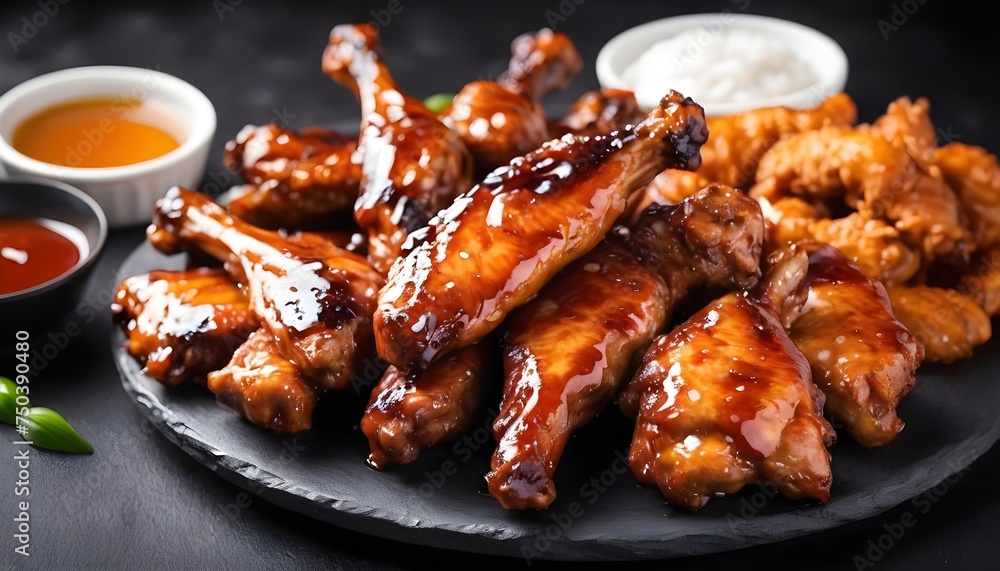 Baked chicken wings with sweet chili sauce in a plate.  Isolated, white background.