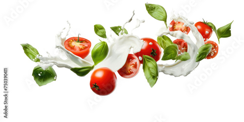 Falling slices of mozzarella, tomatoes and basil, isolated on transparent a white background