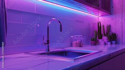 Faucet with Water running in neon lighting © LELISAT