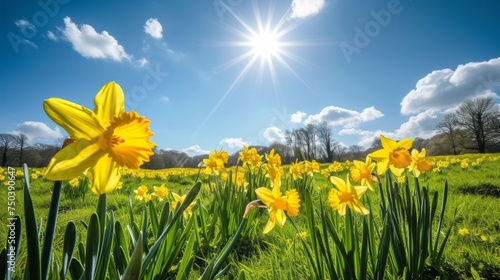 An endless field of blooming yellow daffodils and a clear sunny sky. 