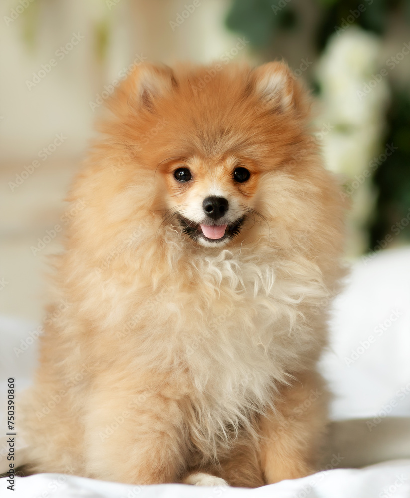 Pomeranian Spitz dog on a chair. Studio shot. Pomeranian Spitz dog on a chair. Studio shot.