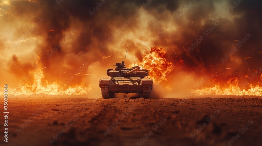 An epic invasion war scene with fire and the desert and armored tanks crossing a minefield. Wide poster design with copy space. - obrazy, fototapety, plakaty 
