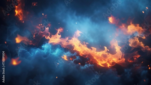 Abstract background featuring fiery blue sky with flame and smoke