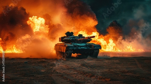 An epic invasion war scene with fire and the desert and armored tanks crossing a minefield. Wide poster design with copy space. photo